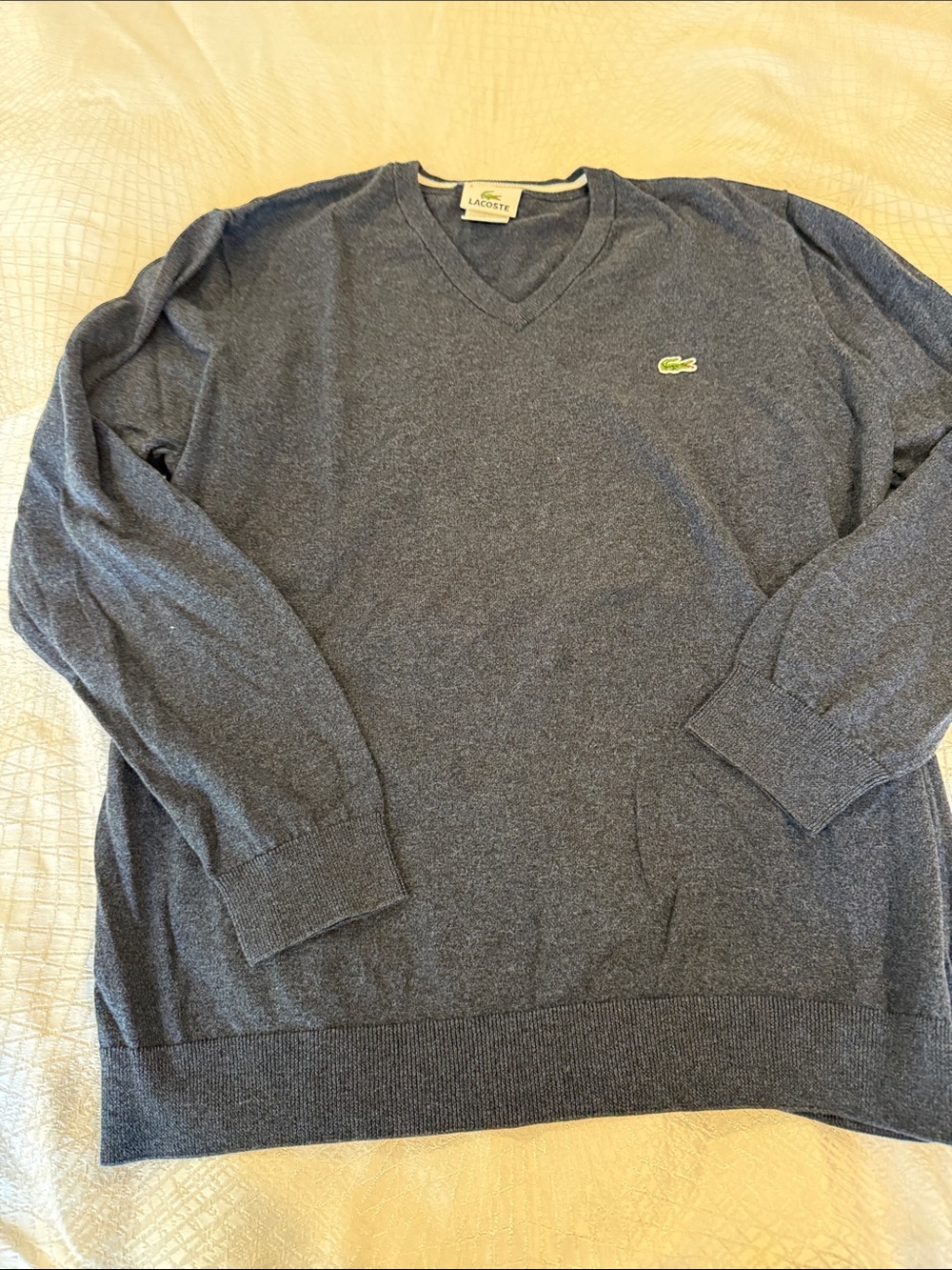 Lacoste Men's Heather Navy V-Neck Sweater with Green Logo